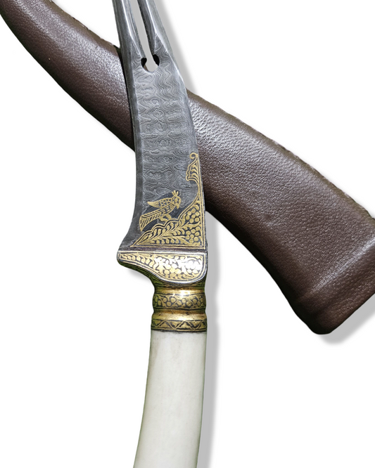 Gold Koftgari Damascus Khanjar with 2 Pronged Blade